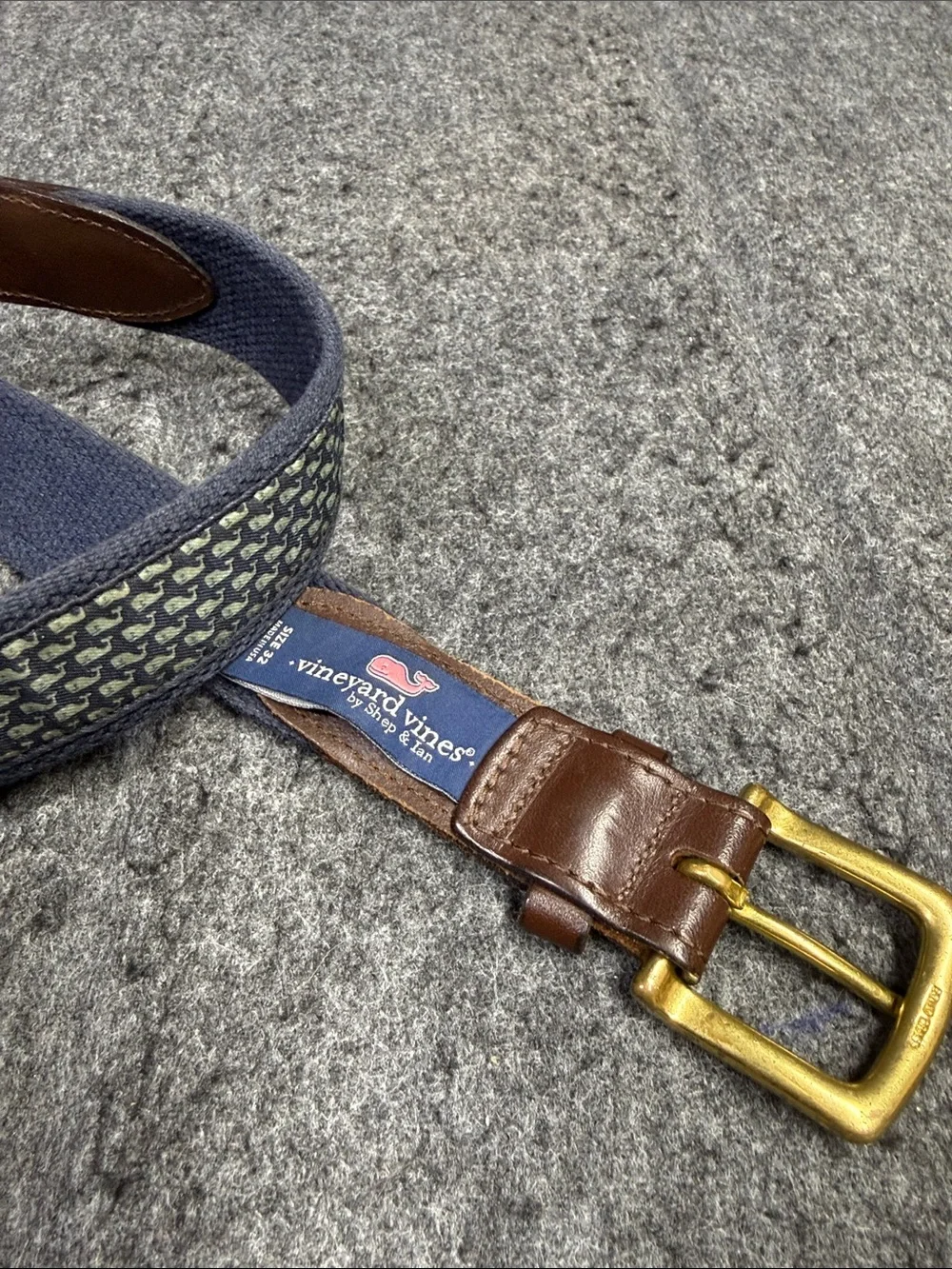 Vineyard Vines Blue Woven Belt with Brown Leather Trim